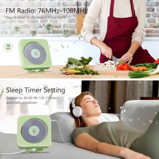 Draagbare cd-speler met Bluetooth - desktop cd-speler voor thuisgebruik, cd-muziekspeler met afstandsbediening, timer, ingebouwde dubbele luidsprekers met led-display, home audio boombox met FM-radio (groen) — afbeelding 2