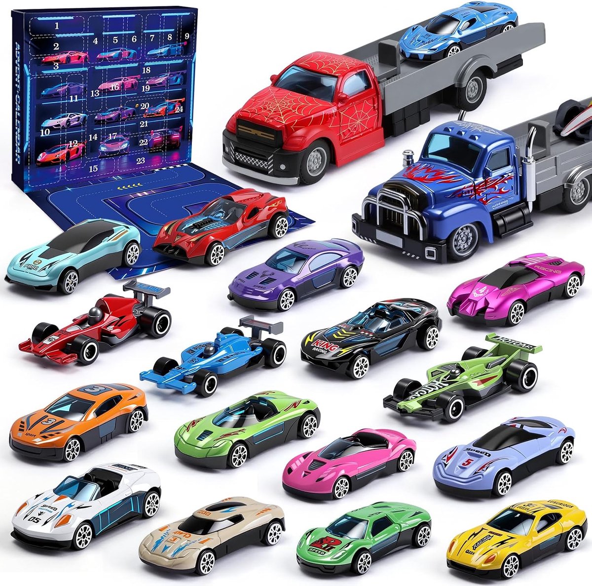 Kinderen 24 Metaal Autos + 2 Lanceer Trailers voor Kinderen 3-12 Jaar Raceauto Speelgoed Cadeau voor Jongens & Meisjes 24 Dagen Geschenken Kerst Countdown Kalender