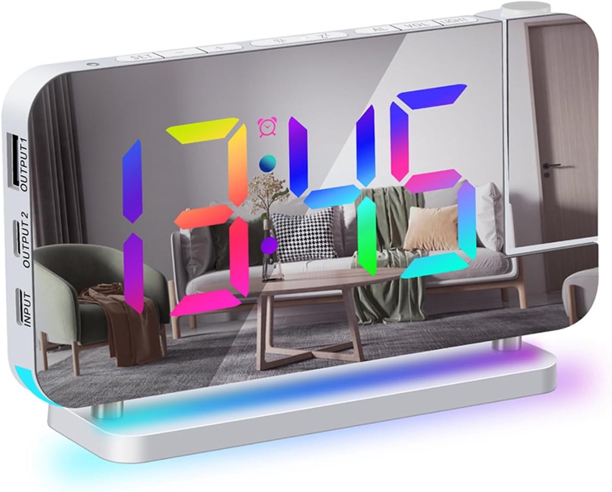 Projectiewekker, wekker met projectie, digitale led-klok met 7 RGB 6 niveaus helderheidsdimmer en snooze-functie, 12/24 uur, 11 kleuren, 180 graden projectie op plafondwand (wit)