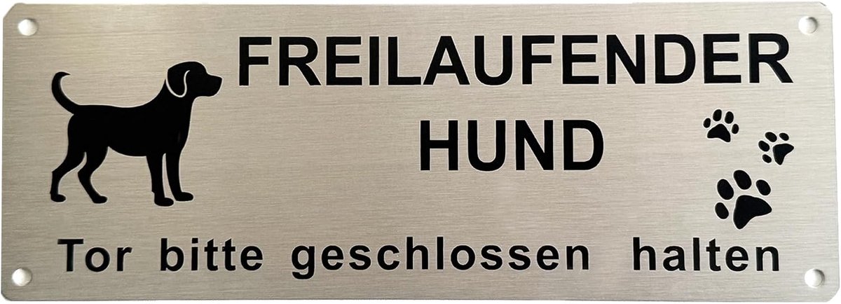 1 stuk Let op hondenschild, voorzichtig vrijlopende hond, waarschuwing voor de hond, aluminium waarschuwingsbord met zelfklevende en voorgeboorde gaten, 25 x 9 cm, binnen/buiten
