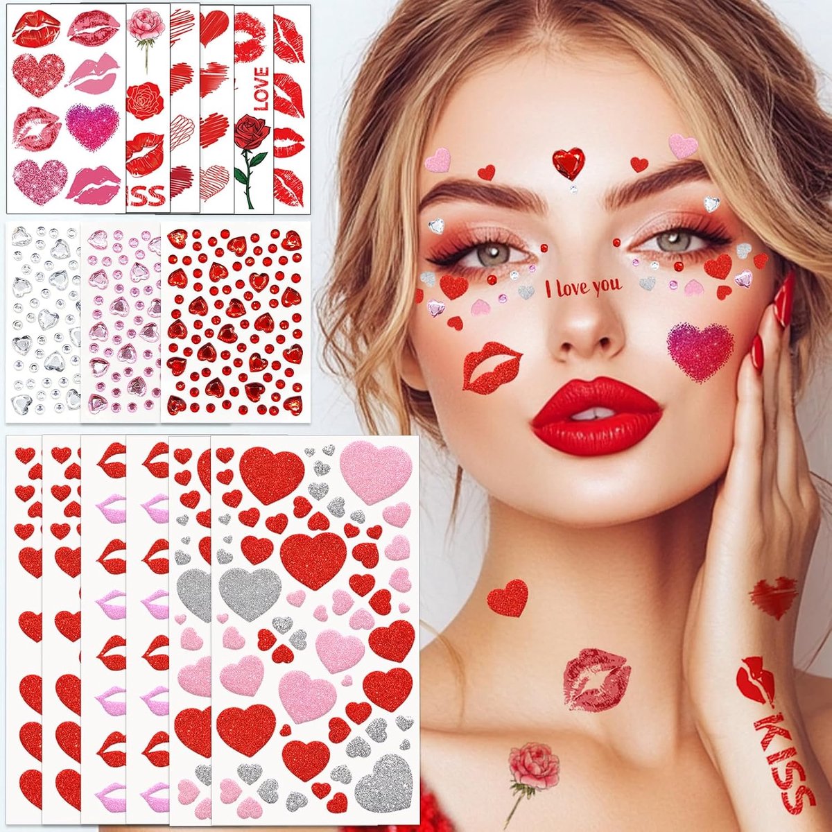 15 stuks glitter-gezichttattoos, carnaval, glitter-hartstickers, glitterstenen, gezichtstattoo, Amor kostuum, accessoires voor carnaval, Valentijnsdag, make-up, carnaval, doe-het-zelf knutselen