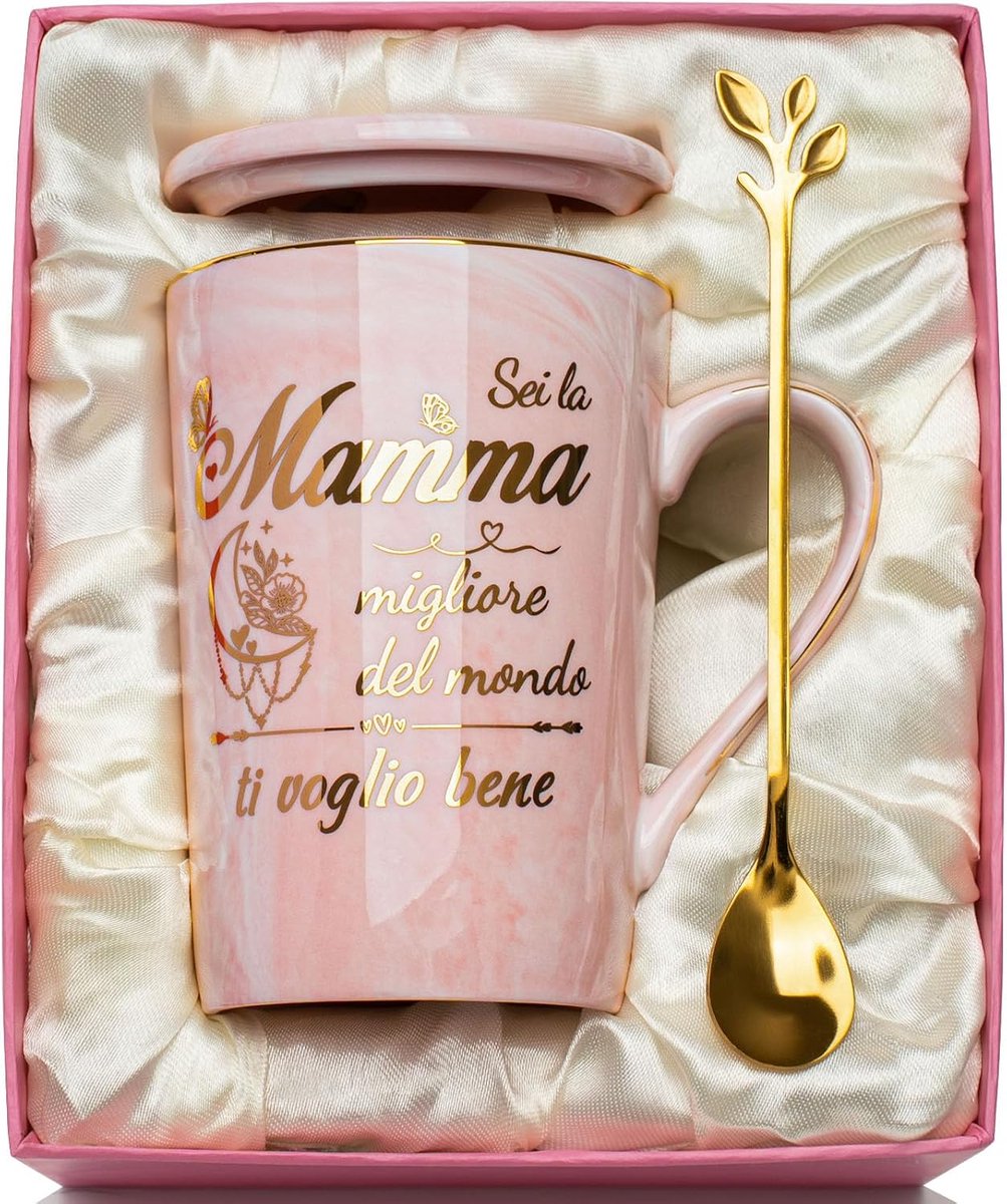 Mok voor Moederdag, cadeau voor moeder, verjaardag, cadeaus voor moeder van dochter zoon, moederdagcadeau "Du bist die beste Mama der Welt, Ich liebe dich", met deksel, lepel