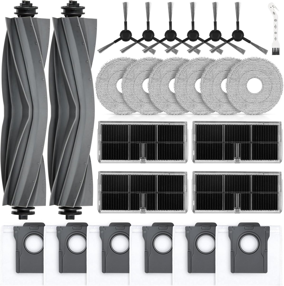 25 stuks accessoires voor Dreame L10s Pro Ultra Heat / L10s Ultra Gen 2 / X30 Ultra / L40 Ultra AE/Mova E30 Ultra stofzuiger, 2 hoofdborstels, 6 stofzakken, 6 schoonmaakdoeken, 6 zijborstels 4 filters