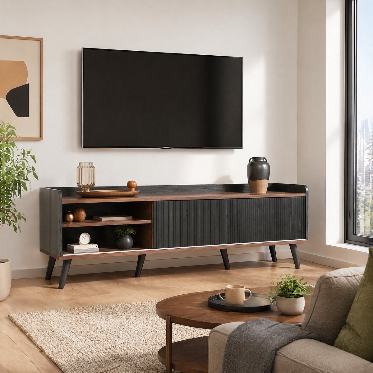 MEUNIQ TV-meubel lowboard 160 x 40 x 58 cm met 2 schuifdeuren, 2 lades, vakken en opstaande rand voor woonkamer - zwart en houtkleur