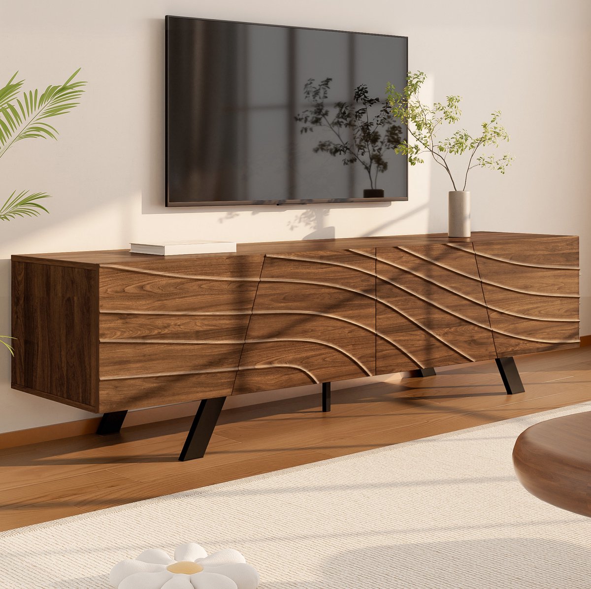 MEUNIQ TV-meubel Lowboard 160 cm met golvende fronten, kabelmanagement, gesloten opbergruimte en zwarte ijzeren poten voor woonkamer of hal, walnootkleur