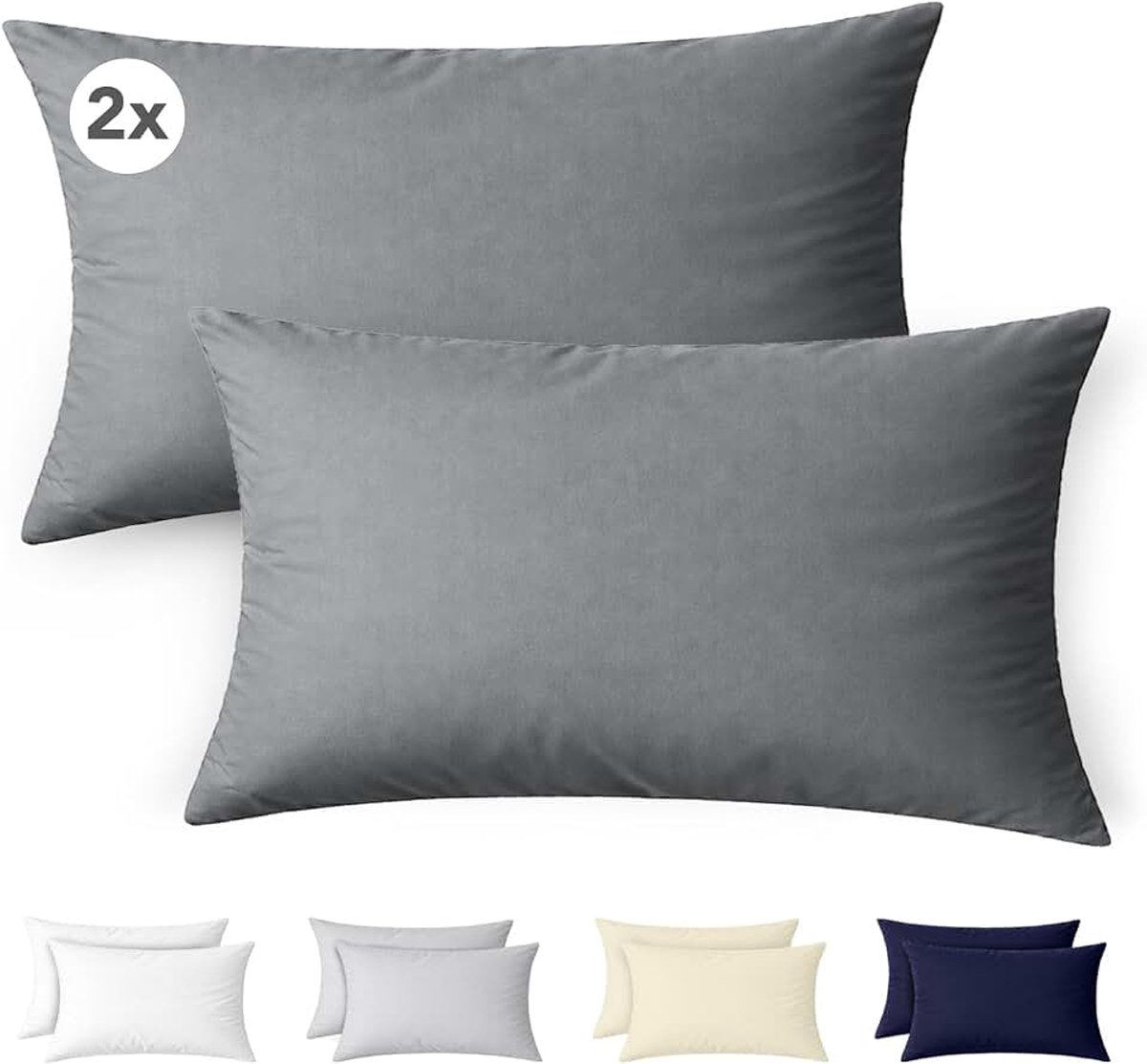 Pillowcase 30x50 cm Set of 2 in 100% Cotton Jersey 150 gsm in Anthracite with zip closure - soft pillow cover for travel and neck cushions breathable and easy to wash