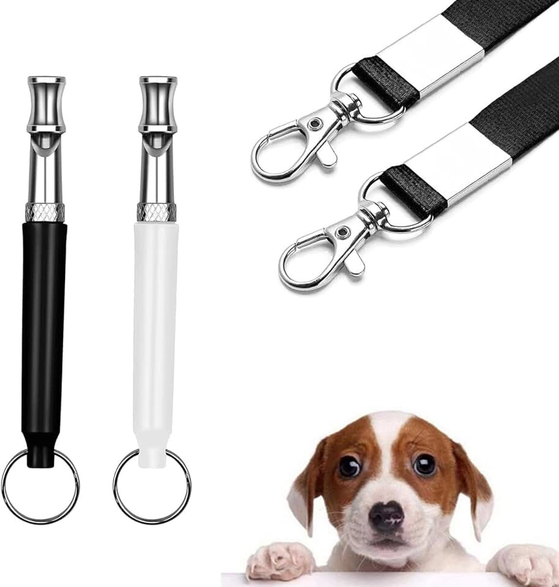 Hondenfluitje, 2 stuks, ultrasoon, geruisloze hondentraining, hoogfrequentie, verstelbare frequentie, hondentrainingsfluitje, opvoedingshulp voor honden (zwart + wit)
