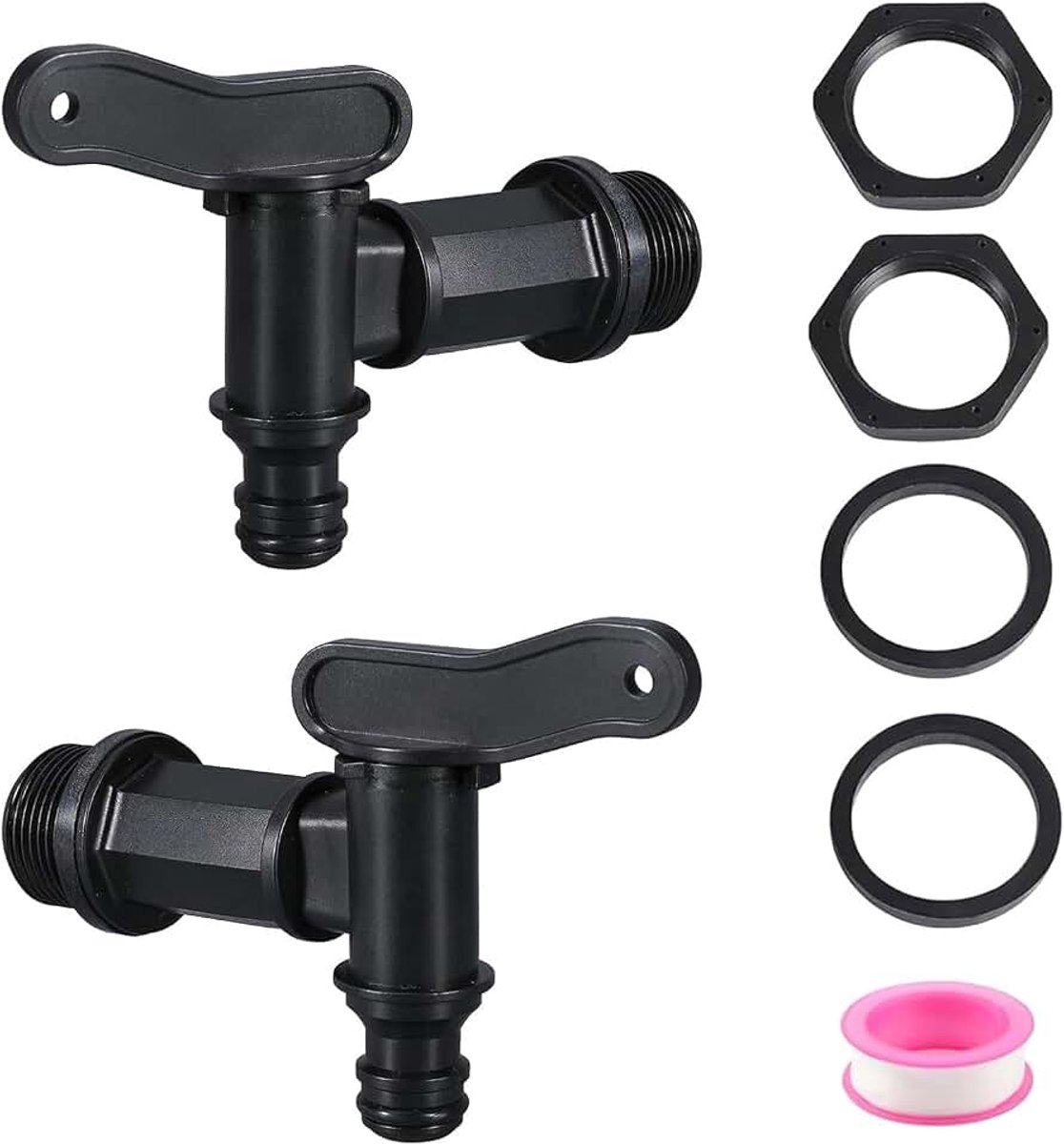 Afvoerkraan voor regenton, 2 stuks, 3/4 inch, kunststof, reservekraan met afdichting, contramoer, afdichtband, voor watertank, regenvat, regenton