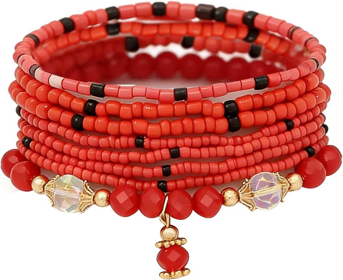 Armbanden, set van 8 stuks, meerlaagse kristallen kralen, armbanden, boho-kralen, elastische armband voor vrouwen en meisjes