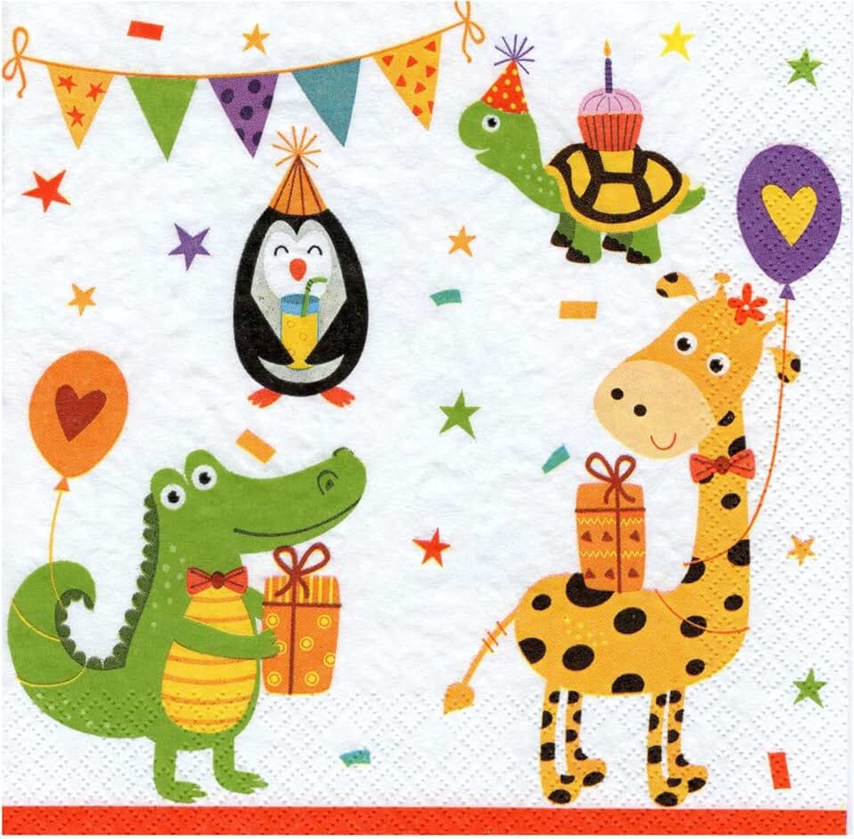 20 servetten grappige dieren met ballonnen, vos, haas, ree, kinderen, giraf, dino's, verjaardagen, kinderfeest tafeldecoratie - kleurrijke papieren servetten 33 x 33 cm