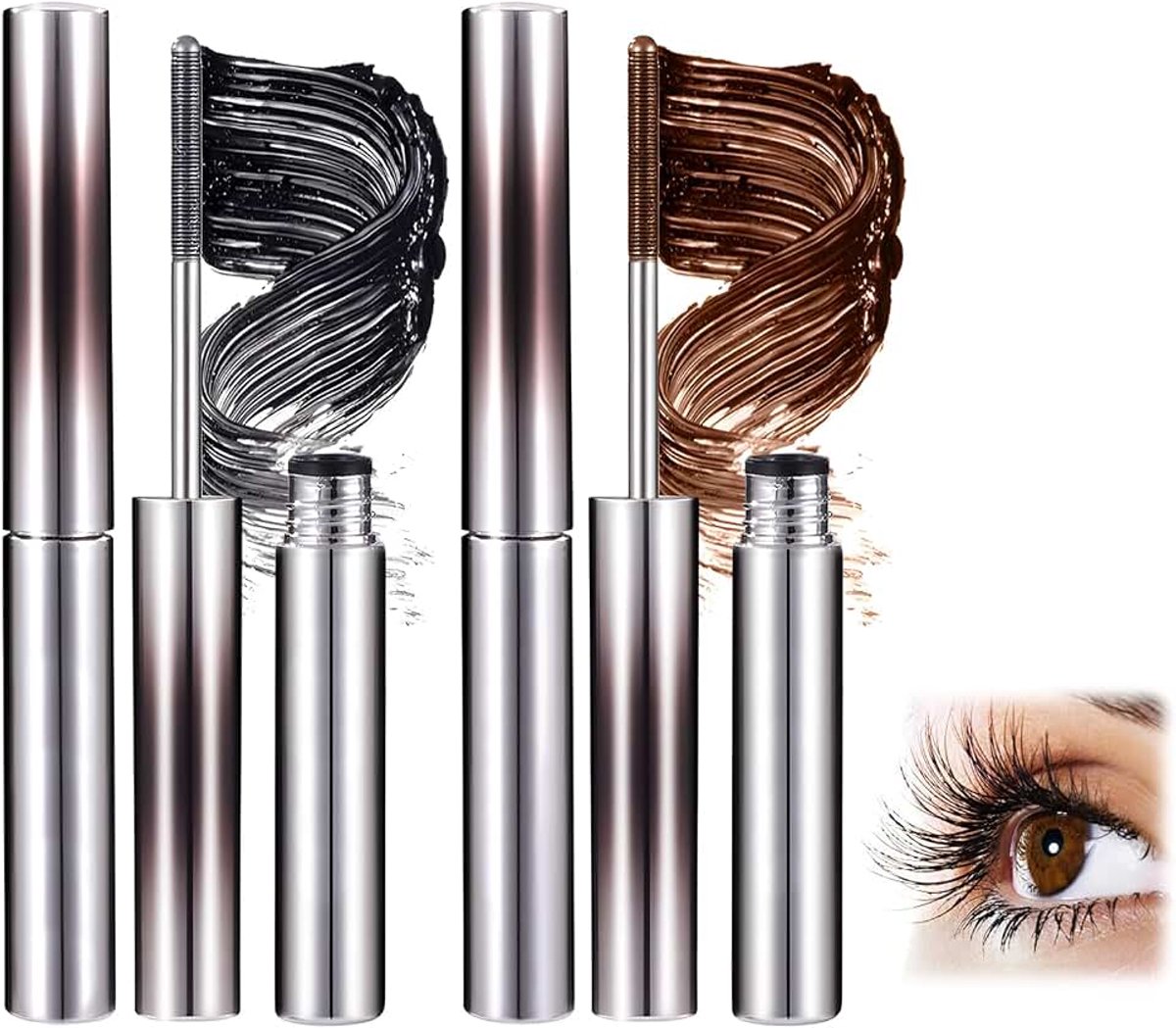 Mascara met metalen borstel, groei- en tint-mascara, lange vezel, vergrote ogen, niet gemakkelijk te knopen, duurzame make-up (zwart + bruin)