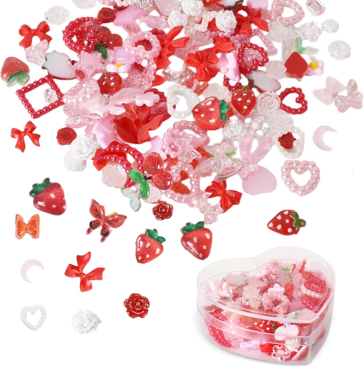 1 Doos 3D Nail Charms, Diverse Kleur Multi Vormen Mix Nail Charms, Rode Aardbei, Bloemen, Sterren, Steentjes, Voor Nail Art Decoratie Sieraden Accessoires DIY Ambachten