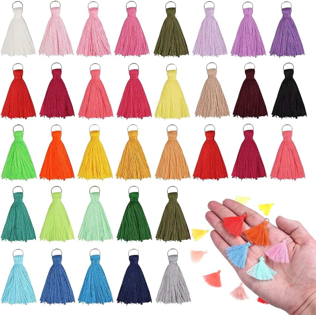 100 stuks handgemaakte katoenen kwasthangers, hoogwaardig en exquise 3,5 cm knutselkwasten met metalen ring, robuust en duurzaam, mini kleurrijke kwastjes, voor oorbellen, knutselen