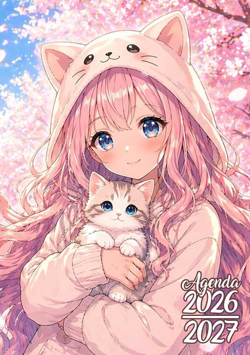 Agenda Scolaire 2026-2027: Fille Kawaii & Chat Mignon | Journalier (une page par jour) | 12x17 cm | Format standard | Septembre 2026 – juillet 2027 | Primaire & collège | Fille cute & rose
