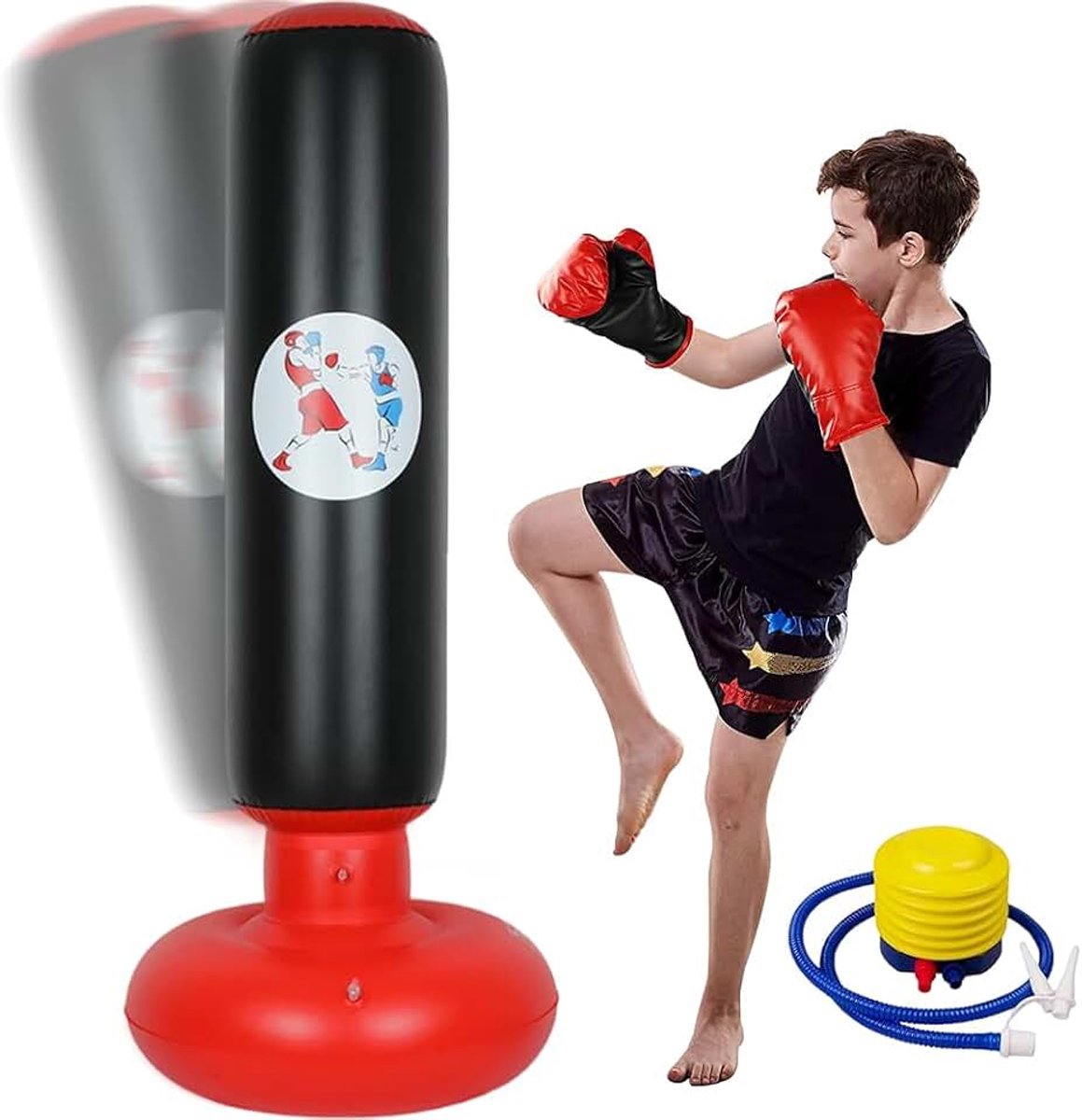 Bokszak voor kinderen, staande bokszak, punchbag voor kinderen van 6-12 jaar, 160 cm, opblaasbare staande bokszak, cadeau voor jongens en meisjes voor karate, kickboksen, taekwondo, MMA training
