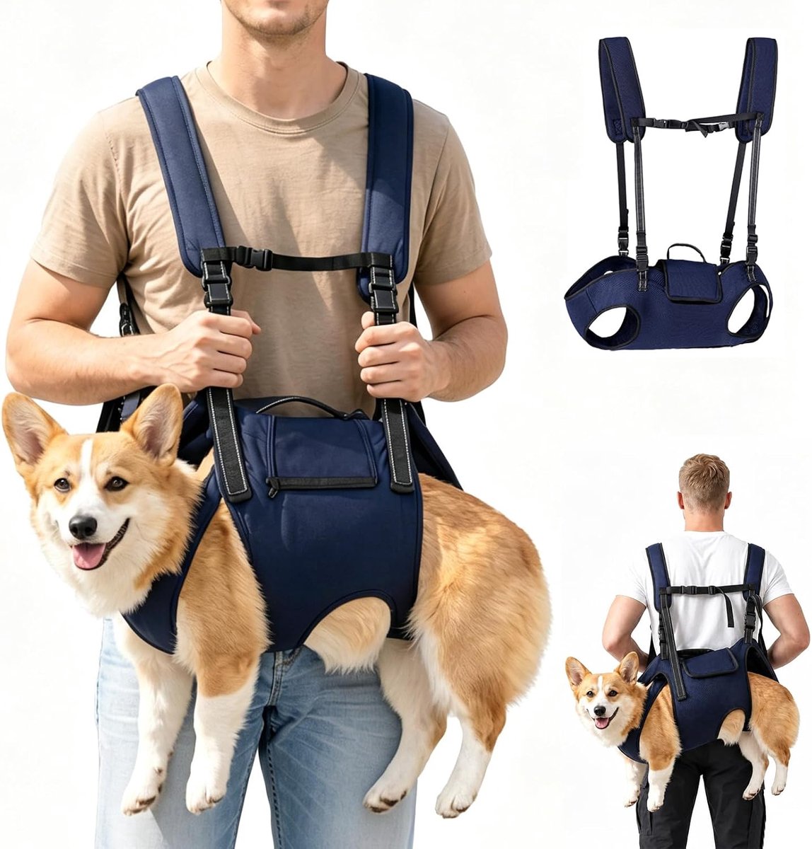 Hondenrugzak voor grote honden, hondentuig met verstelbare schouderbanden en draaggreep, ademende hondenrugzak, draaghulp hond voor wandelen, reizen en outdoor