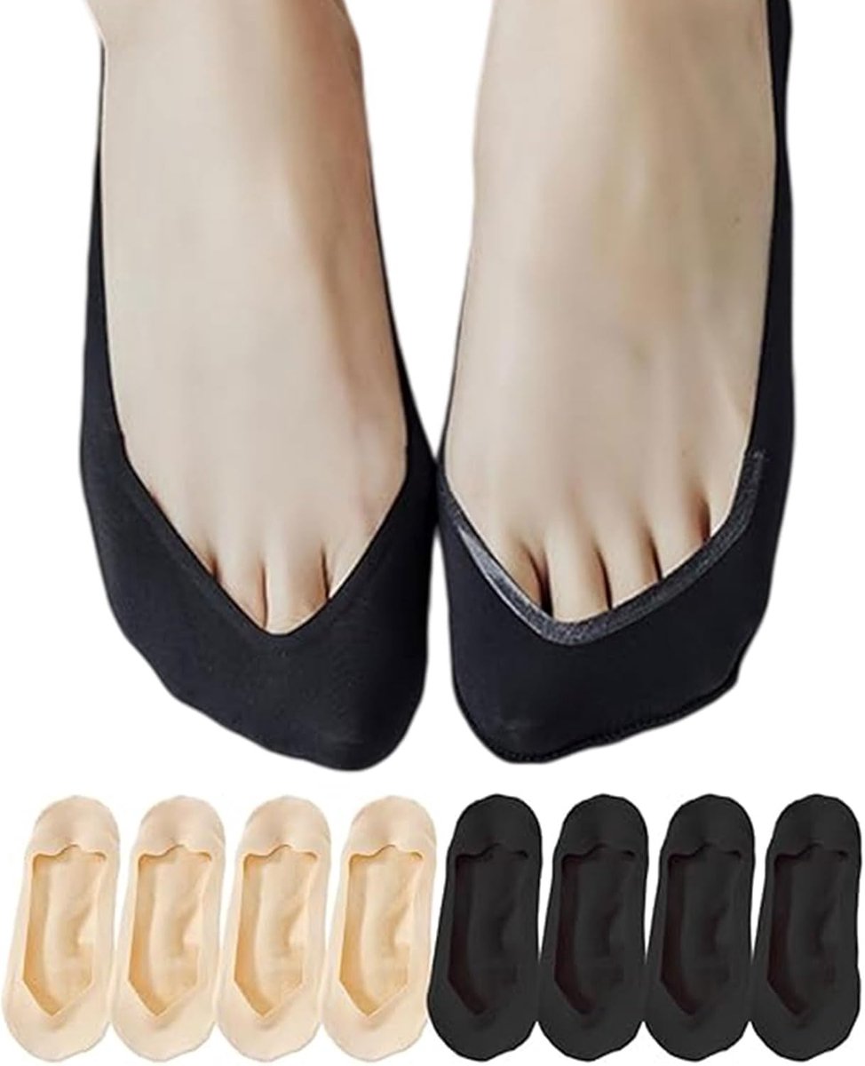 4 Paar No Show Socken Damen, Onzichtbare Ademend Katoenen Sokken, Antislip & Comfortabel voor Sneakers & Ballerina's, Zachte Dagelijkse Sokken (Zwart & Huidkleur)