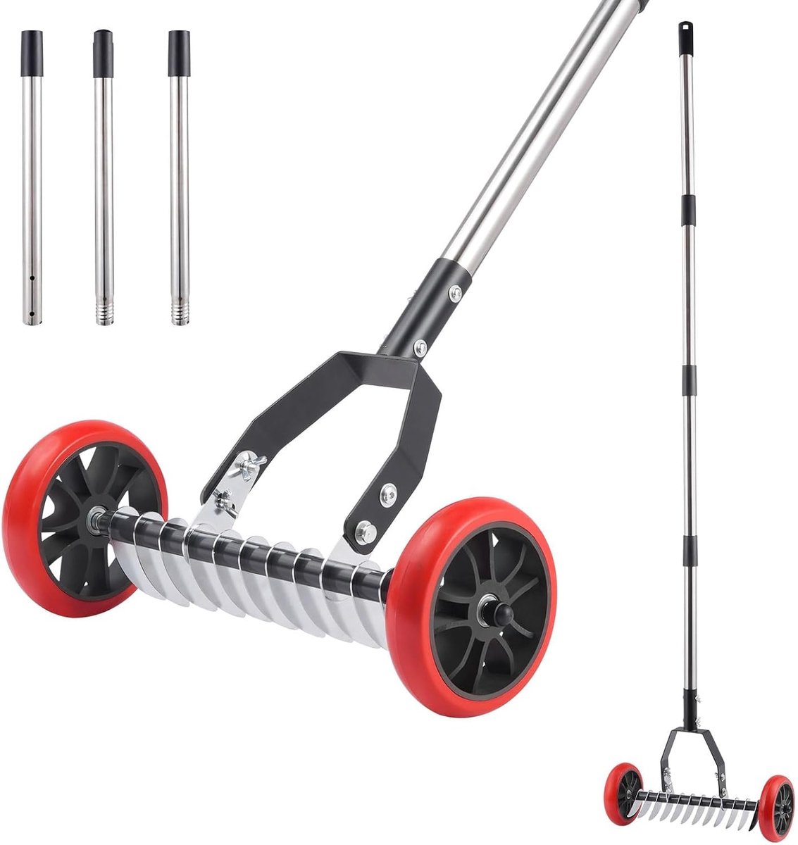 Handverticuteermachine met 40 cm werkbreedte, 12 roestvrijstalen messen, verticuteermachine met soepel lopende wielen voor het verwijderen van mos en gazonvilt (rood)