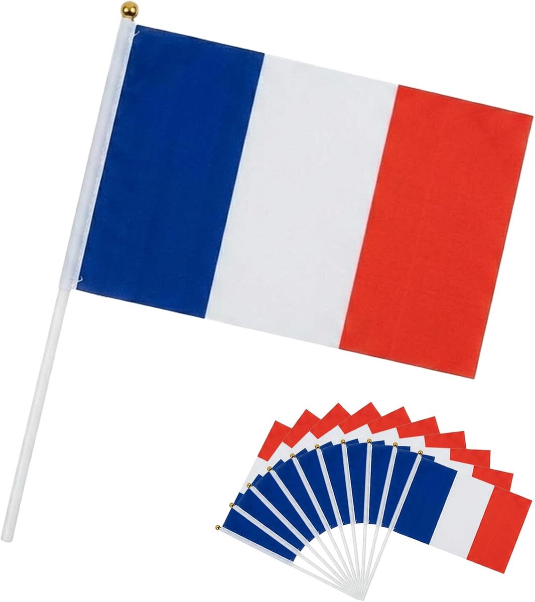 Set van 10 Franse vlaggen, 14 x 21 cm, gemaakt van polyester met stok, om mee te zwaaien voor voetbal, public viewing, straatfeesten en nationale feestdagen
