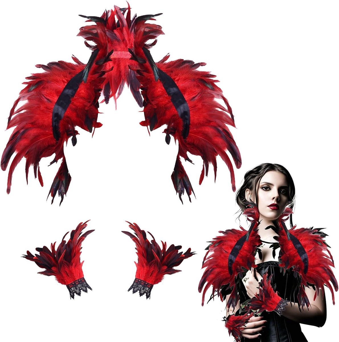 Bolero met manchetten, veren cape-sjaal, Halloween-cape, dames gothic verencape voor Halloween, carnaval, baloptredens (rood)