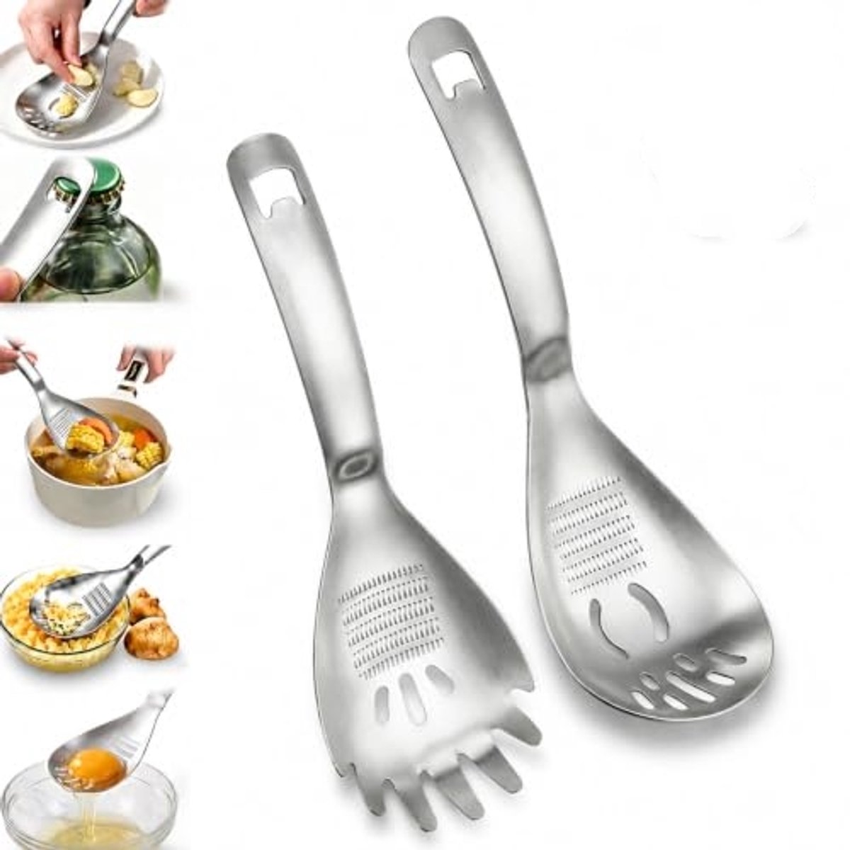 5-in-1 RVS Kooklepel - Multifunctionele Keukenlepel met Eierdeler, Aardappel- & Knoflookpureerder, Rasp, Flessenopener en Zeef - Geschikt voor Dagelijks Koken en Bereiden - Duurzaam Roestvrijstaal - Handig Keukenhulpmiddel - Eenvoudig Schoon te Maken
