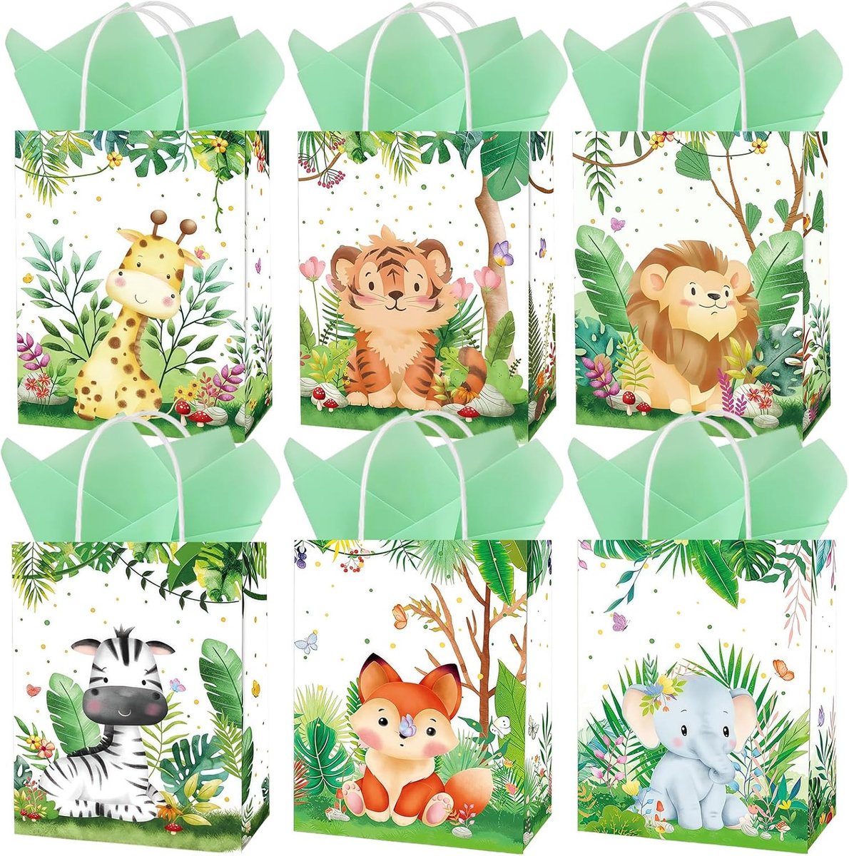 Set van 6 geschenkzakjes, kleine papieren zakken met gedraaide hengsels, 22 x 16 x 8 cm, verjaardagscadeautassenset met zijdepapier, luxe papieren zakjes met handgrepen voor bruiloft