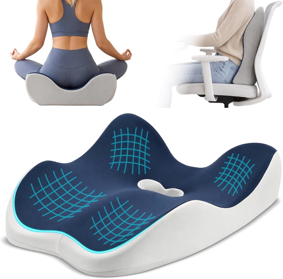 2-in-1 zitkussen, orthopedisch, rugkussen, lendenkussen, ergonomisch zitkussen, stuitbeenkussen, met comfortabele ondersteuning, kussen voor aambeien, voor auto, bank, kantoor (marineblauw)