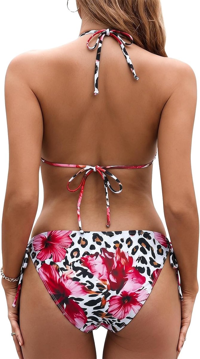 Bikiniset, driehoekige tanga, badpak, bloemenpatroon, V-hals, tweedelig