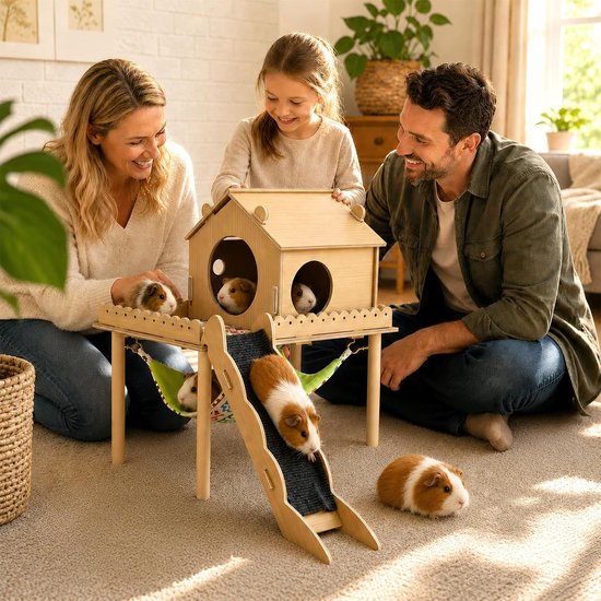 3-in-1 cavia-huis van hout, hamsterhuis met platform en trap, schuilplaats met hellingen, cavia-accessoires, konijnenhuis voor kleine dieren, schuilplaats voor knaagdieren — afbeelding 3