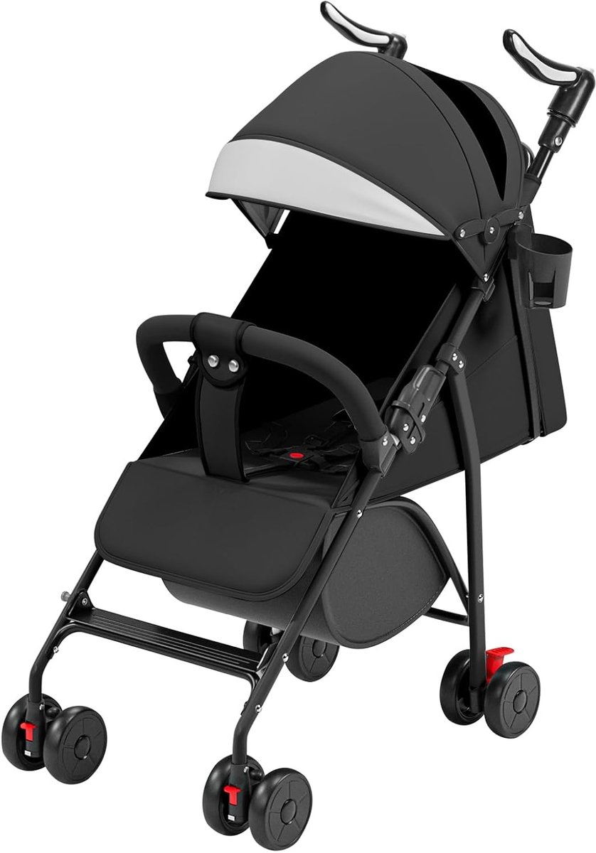 Kinderwagen met meerdere posities, compact en licht, met verstelbare zitting, grote opbergmand en katoenen matras, geschikt voor kinderen van 0 tot 4 jaar (zwart)