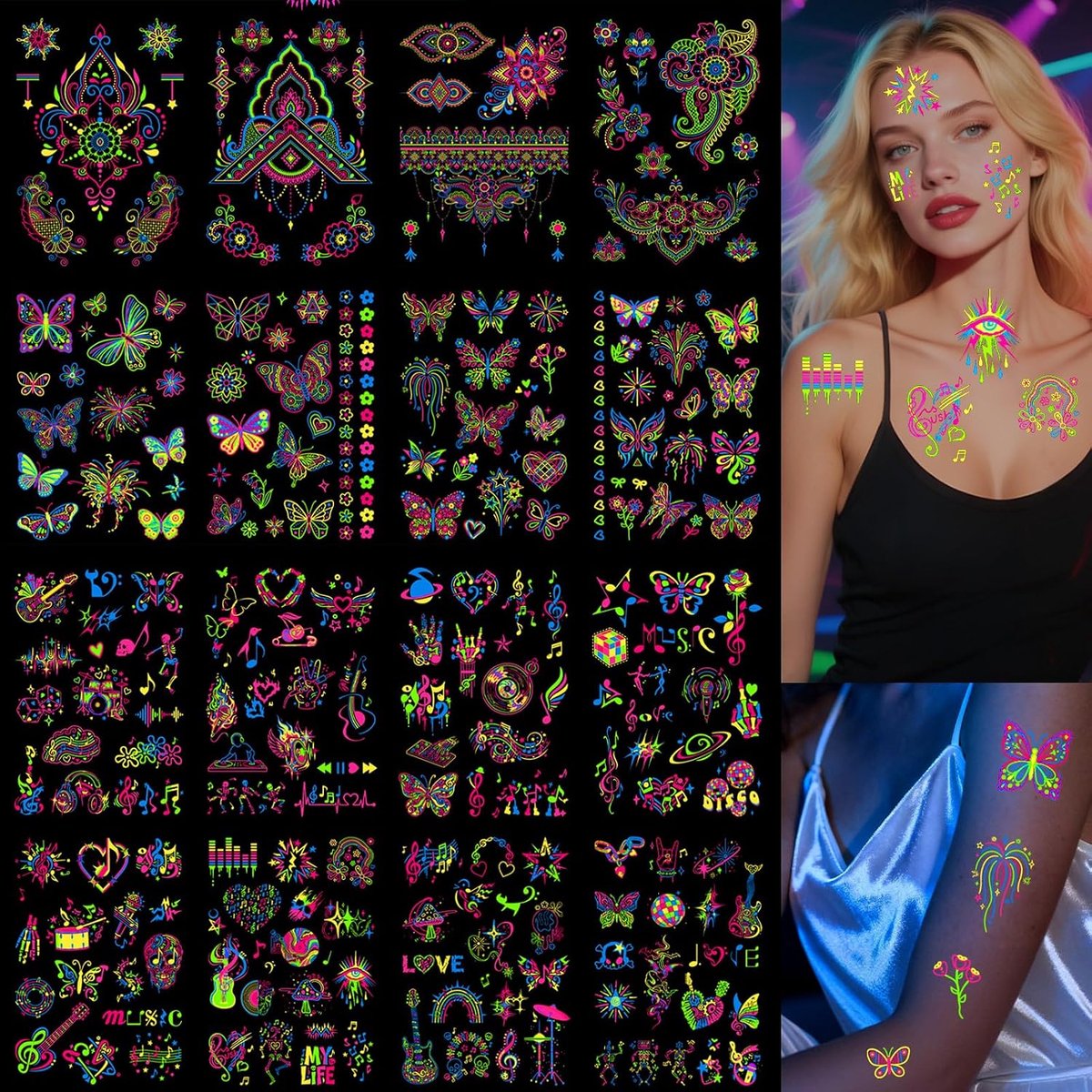 Tijdelijke tatoeages, neon oplichtende nep-tatoeages, blacklight tattoo voor volwassenen, muzieknoten, gitaar, vlinder, mandala, voor rave, party, concert, strand