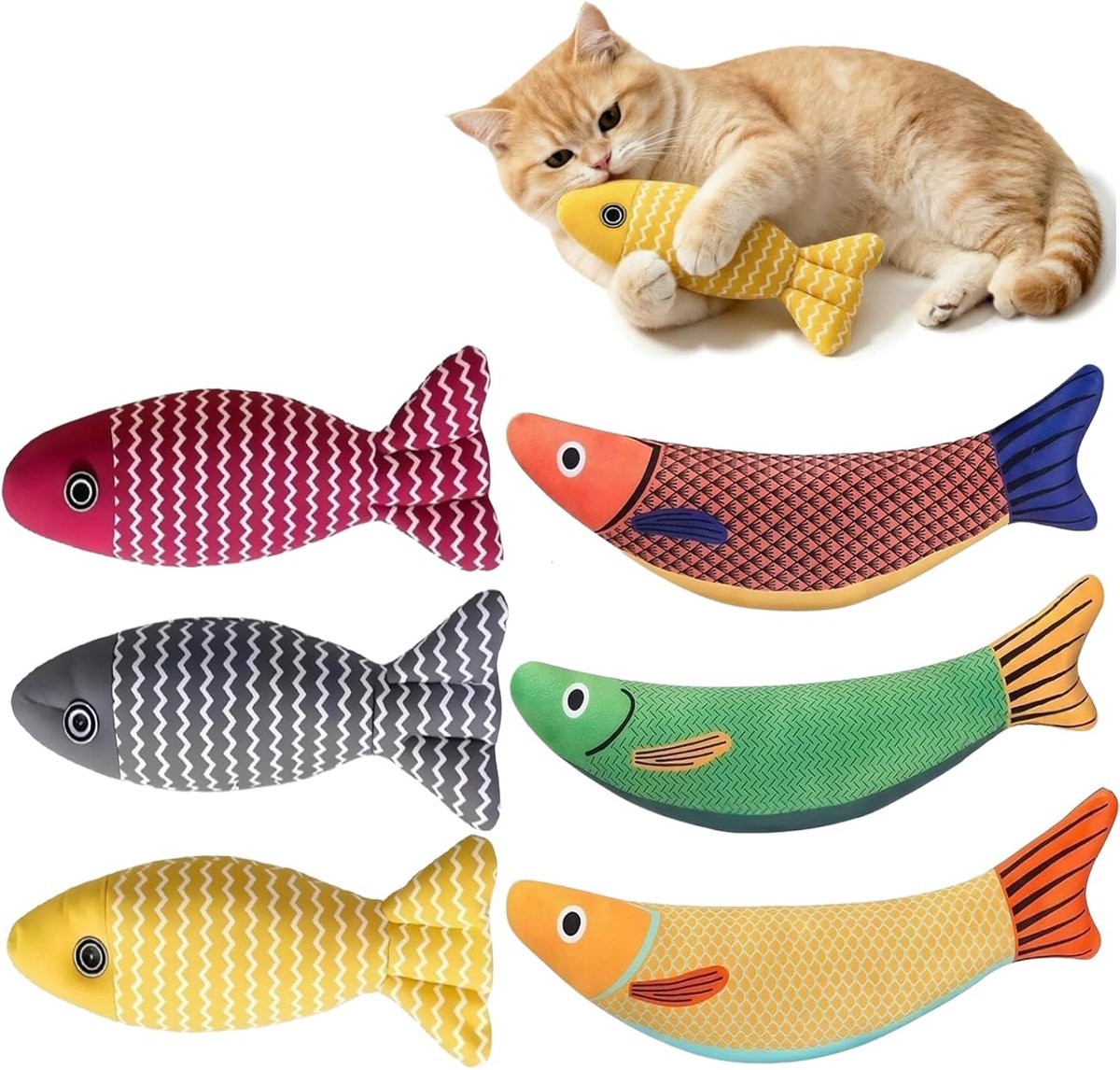 6 stuks kattenspeelgoed, kattenkruid, visspeelgoed voor katten, grappig interactief pluche kauwspeelgoed, kauwen en tandenpoetsen