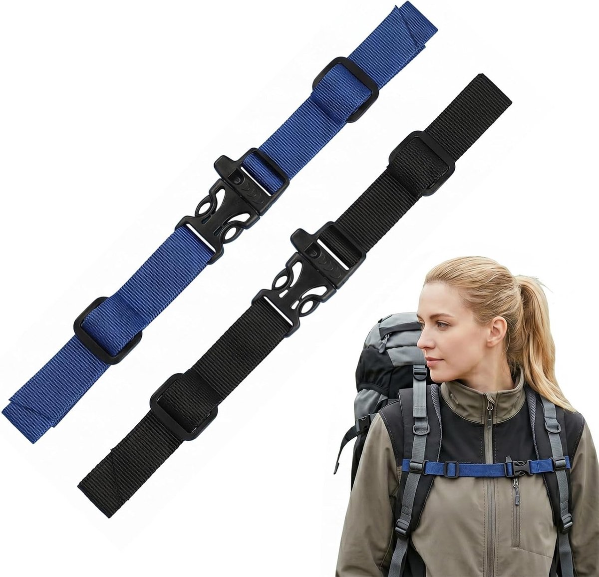 2 x borstband voor rugzak, verstelbaar, antislip, 2 cm, voor school- en wandelrugzakken, van nylon met snelsluiting, voor kinderen en volwassenen, zwart en marineblauw