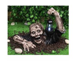 Halloween Zombie Decoratie met Solar LED-verlichting, Zombiefiguur die uit een Graf Kruipt, Griezelige Tuin- en Grafdecoratie voor Buiten, ca. 19 cm Lang, Voor Halloweenfeesten en Horror-thema's