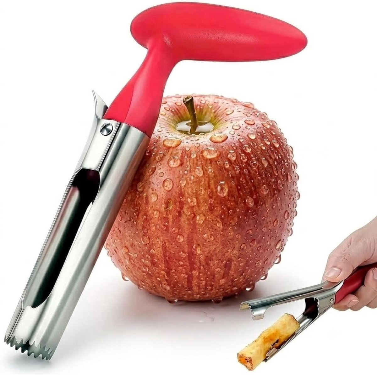 YAGXIG Appelontkerner (set van twee) - Fruitontkerner - Appelscheider - Druk- en draaimechanisme - Gemaakt van roestvrij staal - Geschikt voor appels, peren, tomaten, paprika's, enz. - Rood
