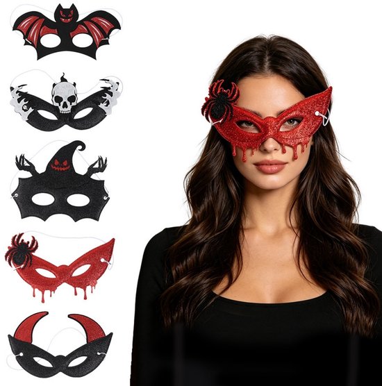 Halloween Maskers Set - Oogmaskers voor Volwassenen - 5 Stuks - Glitter Maskers - Spin, Vleermuis, Schedel, Spook en Duivel - Half Gezichtsmaskers - Verkleedaccessoires voor Halloween, Carnaval en Themafeesten