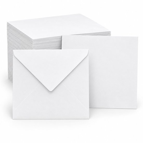 Stapel witte vierkante enveloppen van 15x15 cm met een losse envelop en een losse envelop naast de stapel.