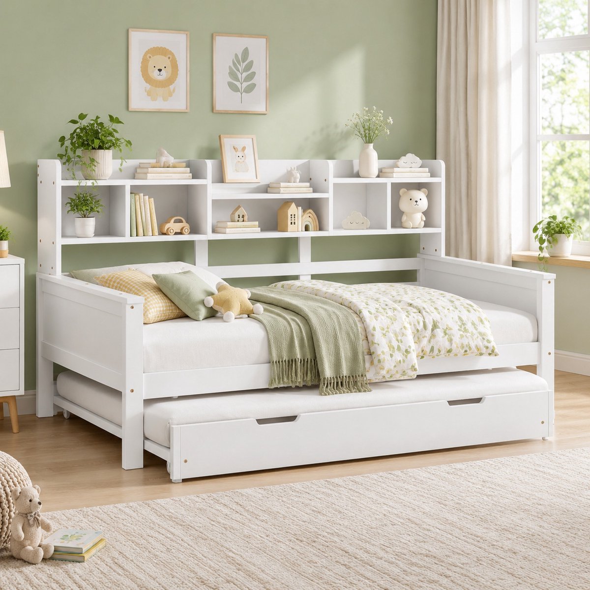 WUVRIE Bedbank 90x200 cm met uitschuifbed 90x190 cm, opbergvakken en lattenbodem, wit