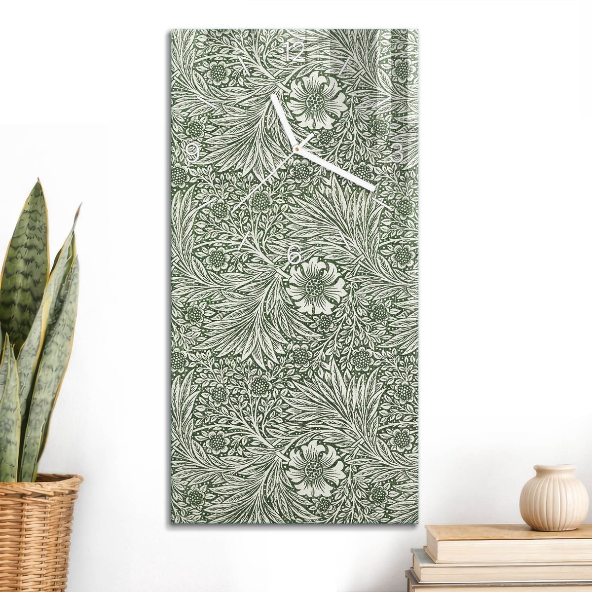 ArtPrintCave Groene Glazen Klok - 30x60 cm - Rechthoekige Wandklok - Blad Van Elegantie Wandklok Keuken - Natuur Unieke Klok - Witte Klokwijzers