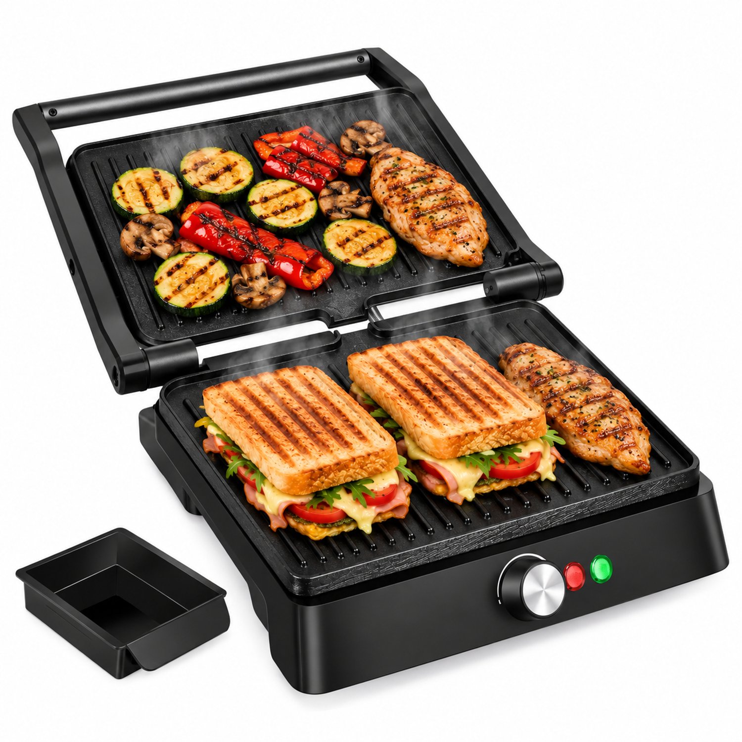 Contactgrill - Tosti Apparaat en Panini Grill - 180° Uitklapbaar - Temperatuurregeling - Tosti-IJzer - Vetopvangbak