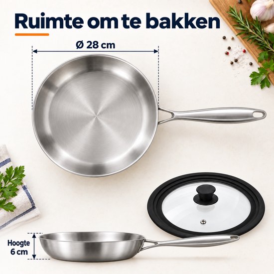 Roestvrijstalen koekenpan van 28 cm met een hoogte van 6 cm en bijbehorend glazen deksel.