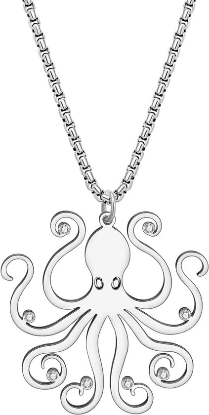 Zilverkleurige octopus hanger bezet met subtiele strass steentjes op de gekrulde tentakels.