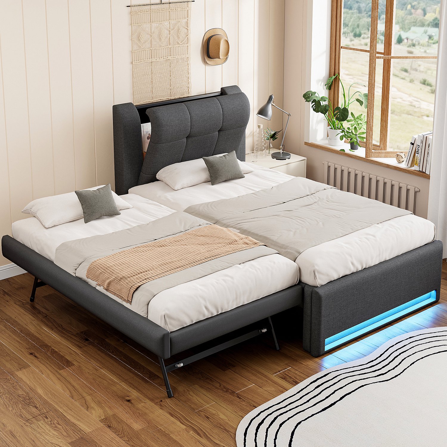 Kinderbed, Eenpersoonsbed, 90x200 cm grote gestoffeerd bed met uitschuifbed, uitschuifbed vlak of opgesteld, LED-verlichting, Grijs