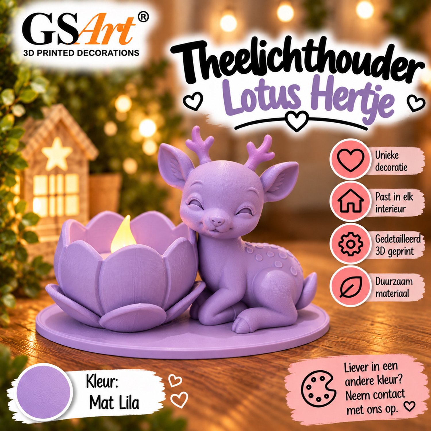 GSArt Theelichthouder Lotus Hertje – Inclusief LED Theelichtje – 3D Geprint - Mat Lila
