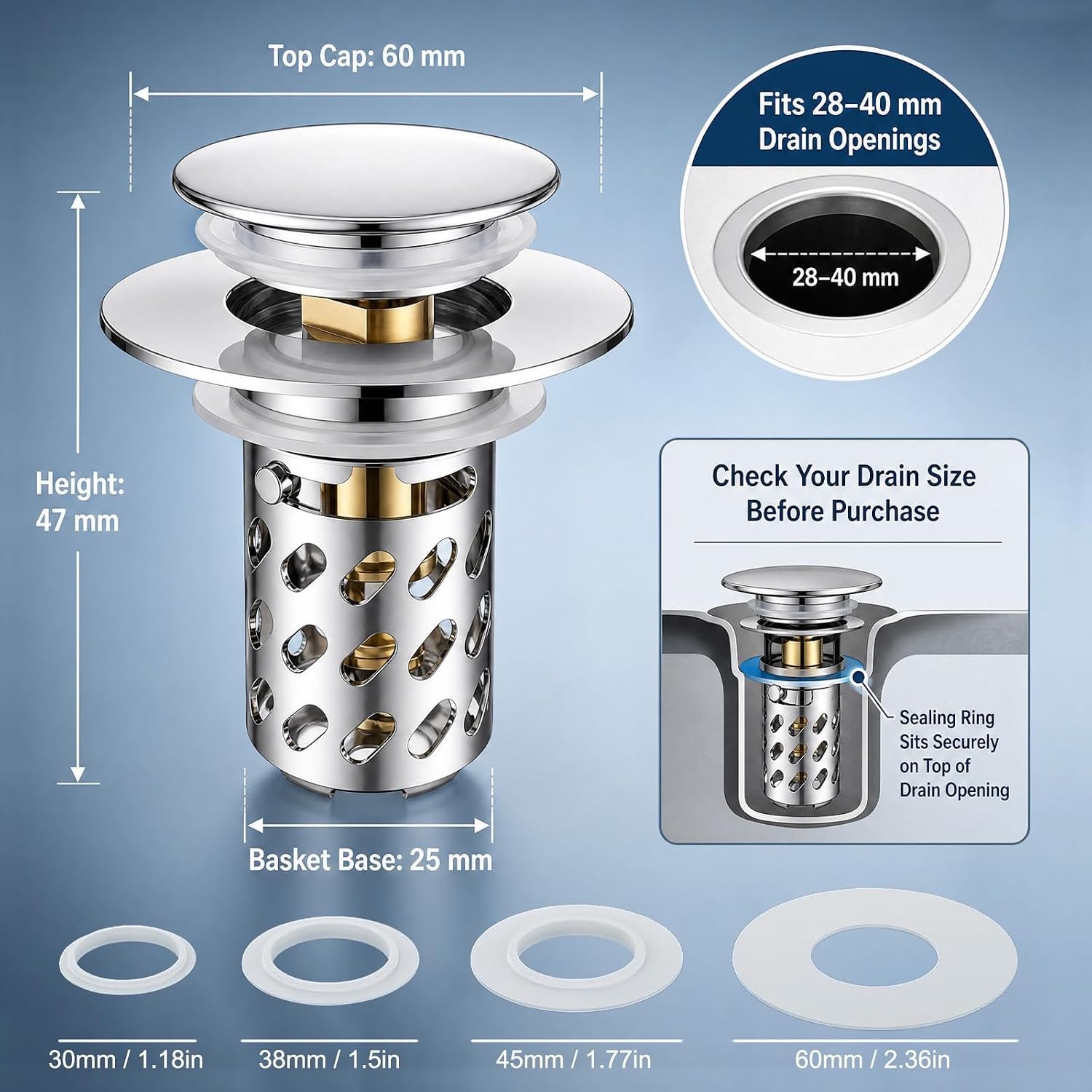 Wastafelstop pop-up 28-40 mm - roestvrijstaal - messing kern - voorkomt verstopping - ServiceTopper