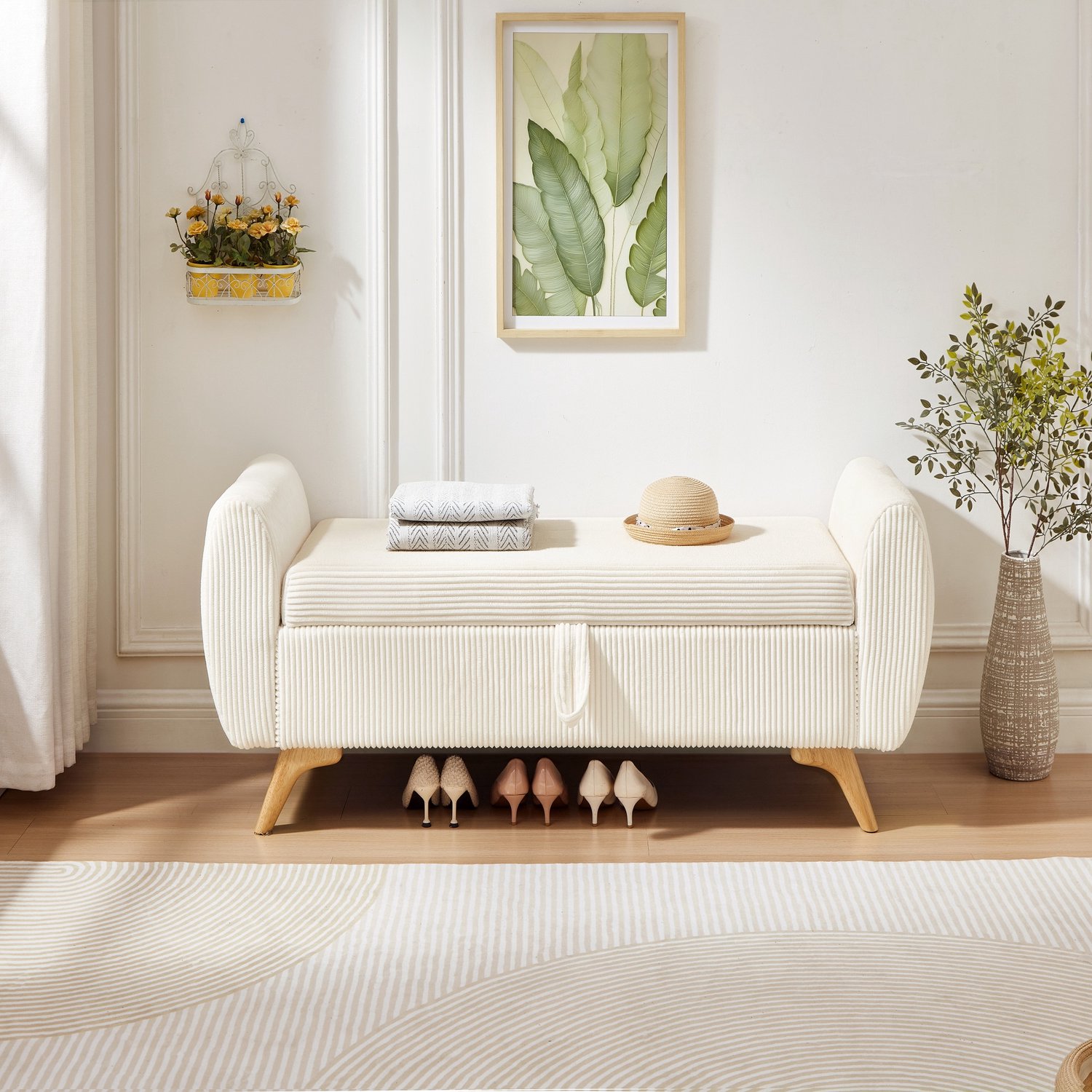 MUVANO Opbergbank met zitkussen - Corduroy zitbank met klep - houten poten - 145 x 51 x 57 cm - inklapbaar meubel voor hal, slaapkamer en woonkamer beige