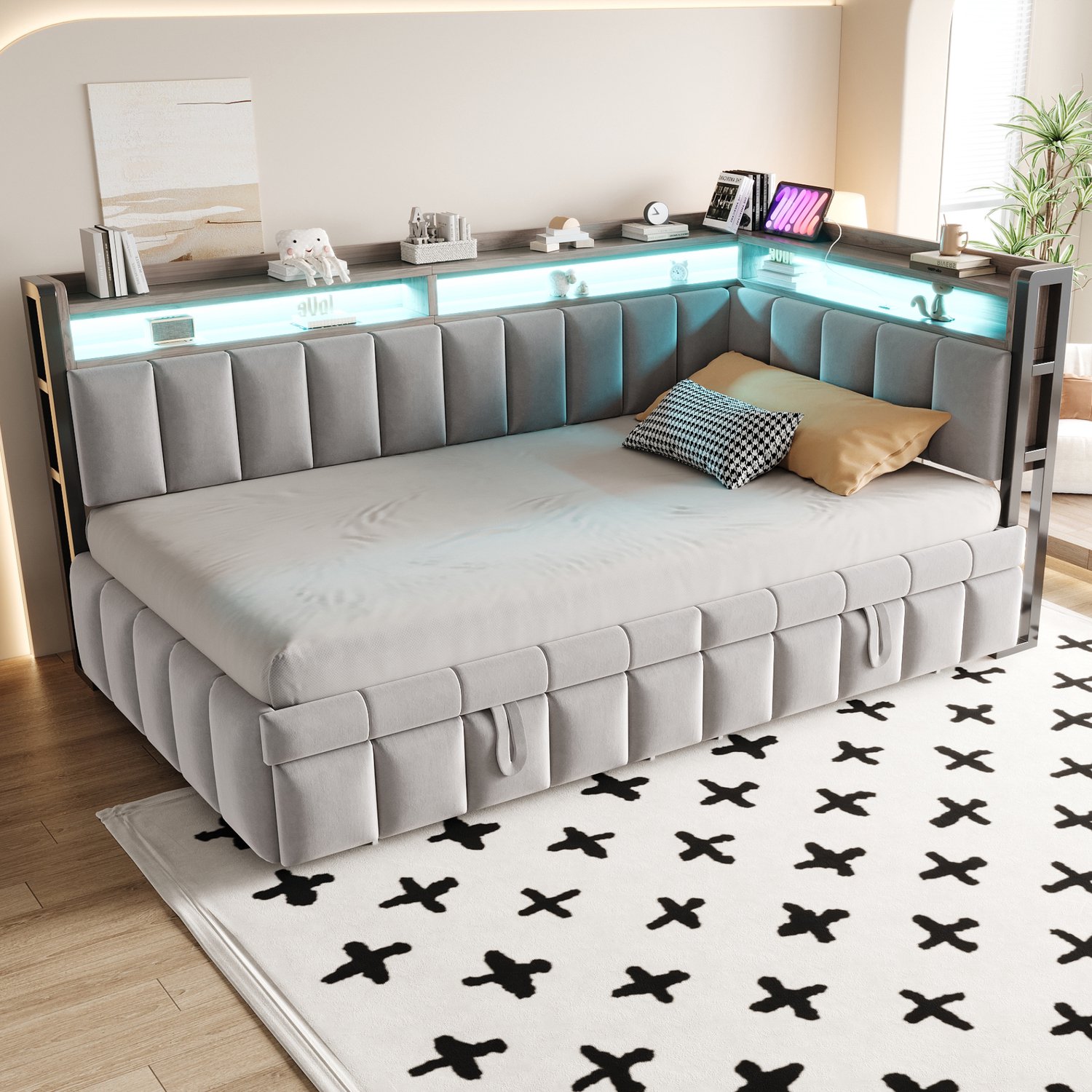 COVREO Slaapbank met bedlade – 90x200 cm – Bedbank met LED en USB – Eenpersoonsbed voor gasten – Lichtgrijs - zonder matras