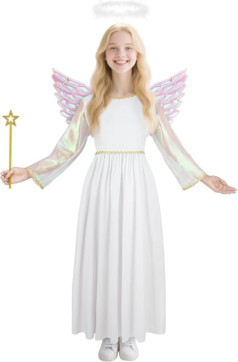 Meisjes Engel Kostuum in Wit met Toverstok, Vleugels en Halo - Perfect voor Kerst, Doop en Carnaval