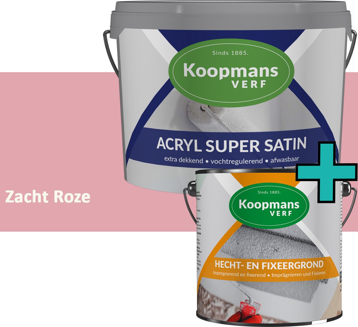 Koopmans Hecht- en Fixeergrond 2,5 l + Acryl Super Satin Muurverf - Set - Primer + Zijdeglans Muurverf Binnen en Buiten - Afwasbaar en Dekkend - Zacht Roze - 1 l
