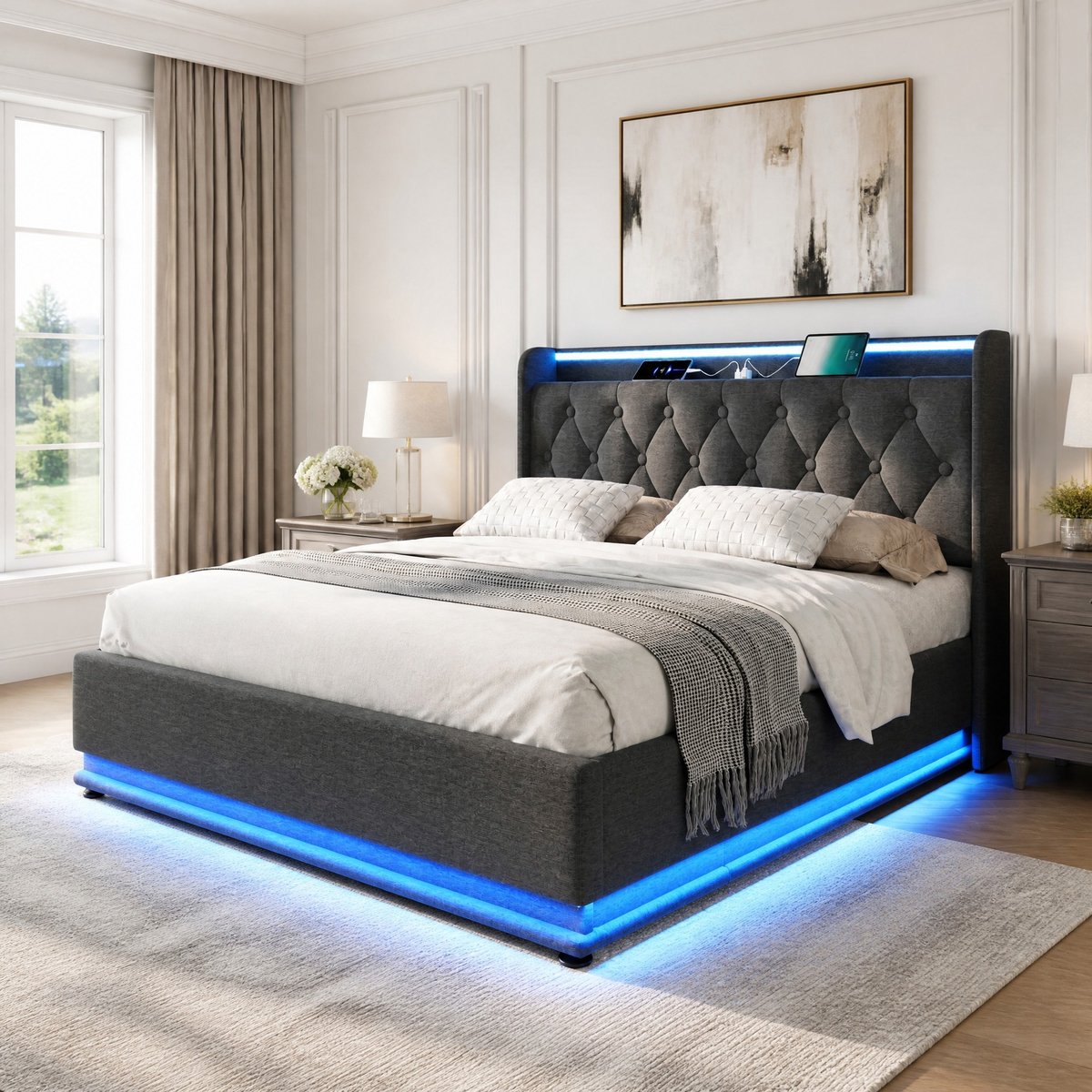 MEUNIQ tweepersoons bedframe 180x200 cm met hydraulische opbergruimte, lattenbodem, LED-verlichting, USB en USB-C, grijze stoffen bekleding Grijs